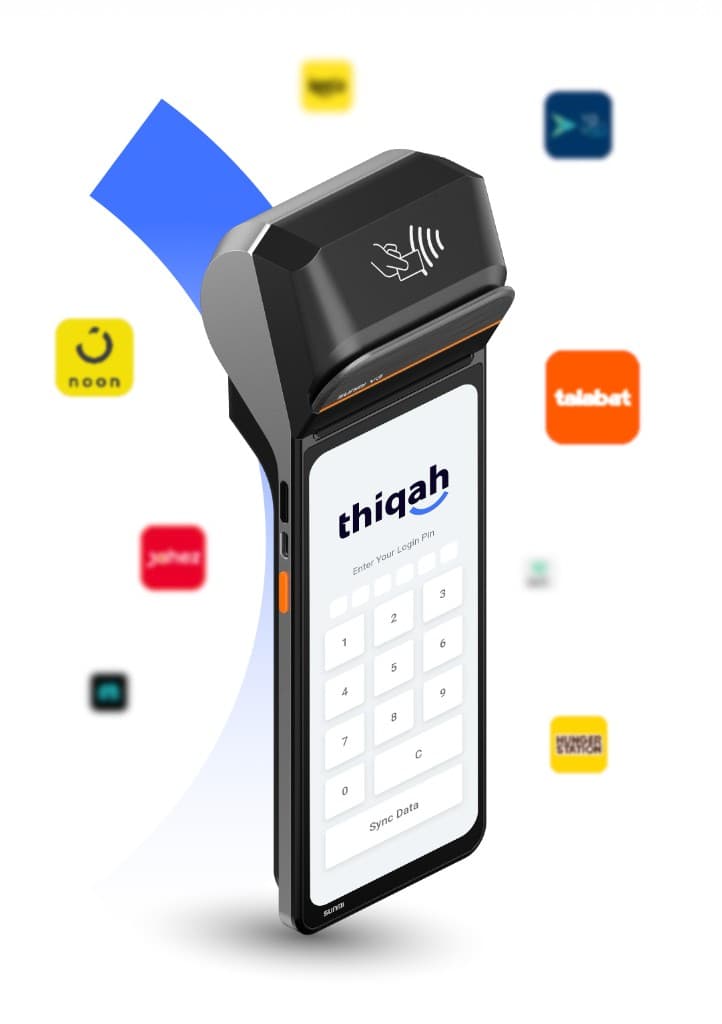Handheld Thiqah POS device integrated with delivery apps